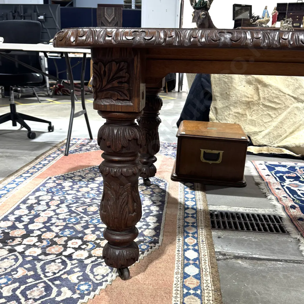 Victorian Jacobean Revival Carved Oak Extension Table w Heavily Turned Leaf Carved Legs Image 1++