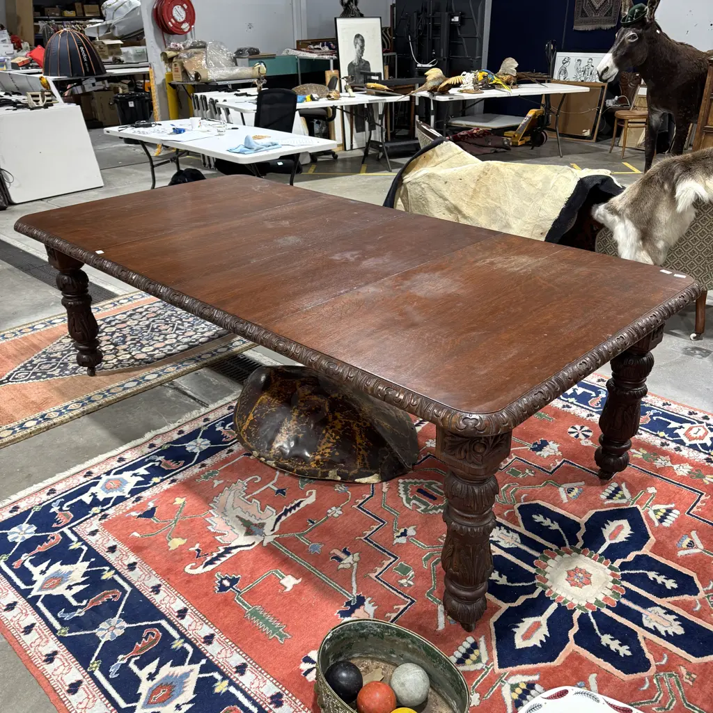 Victorian Jacobean Revival Carved Oak Extension Table w Heavily Turned Leaf Carved Legs Image 1++