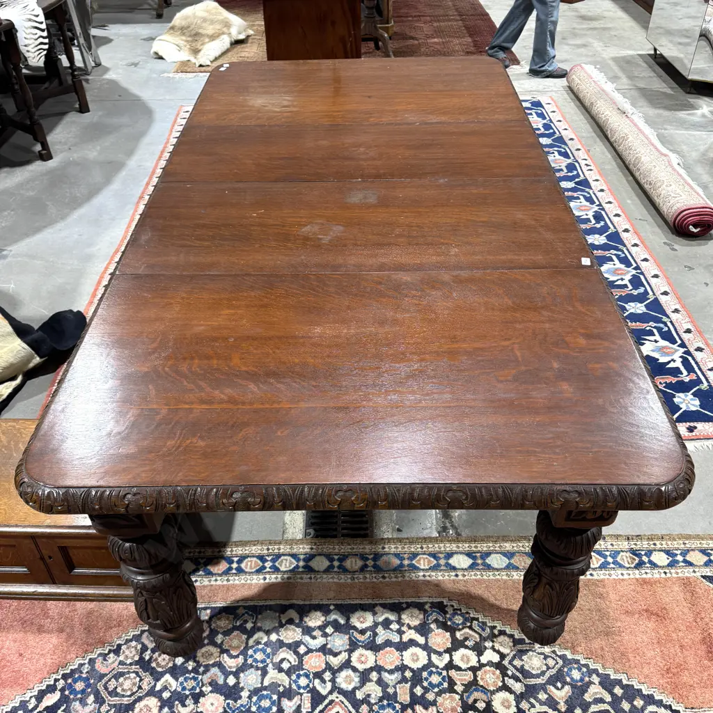 Victorian Jacobean Revival Carved Oak Extension Table w Heavily Turned Leaf Carved Legs Image 1++