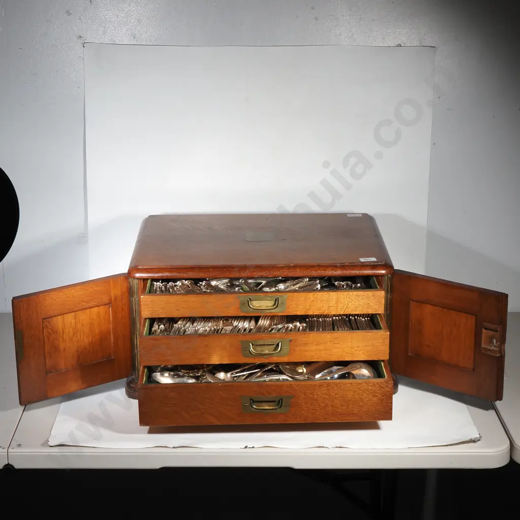 Impressive Antique Three Tier Oak Cutlery Box Full of Quality Kings Pattern Plate Cutlery Image 1++