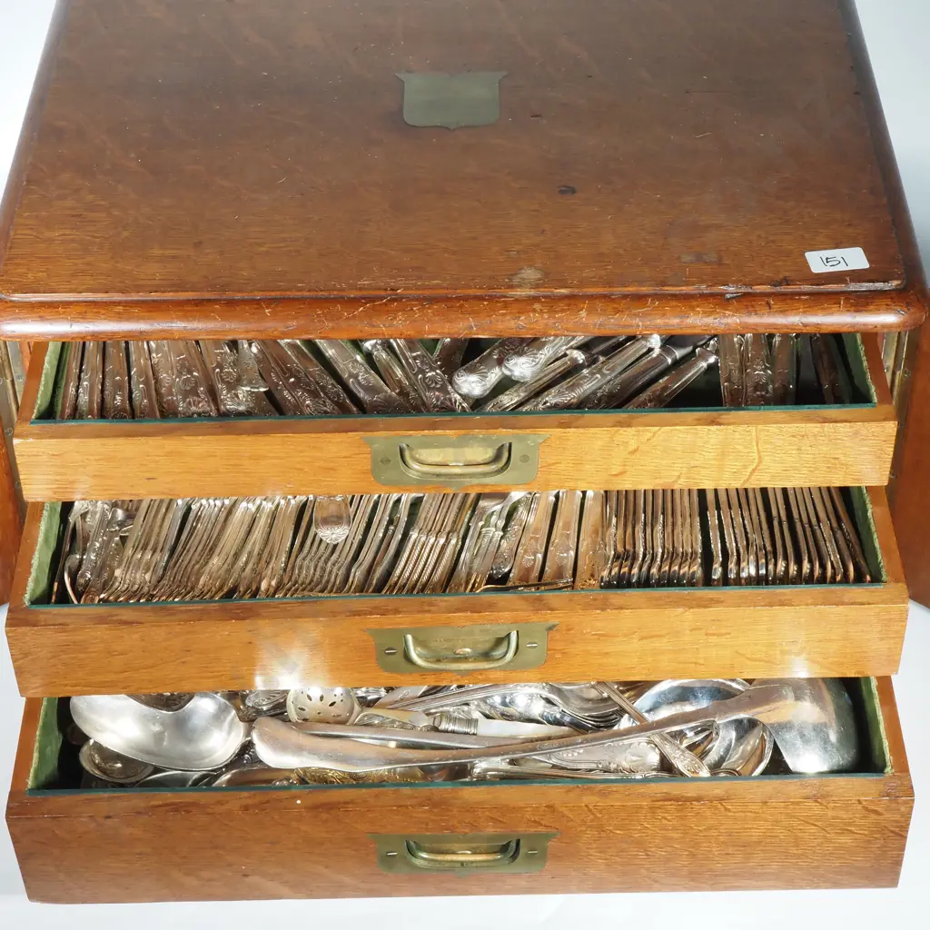 Impressive Antique Three Tier Oak Cutlery Box Full of Quality Kings Pattern Plate Cutlery Image 1++
