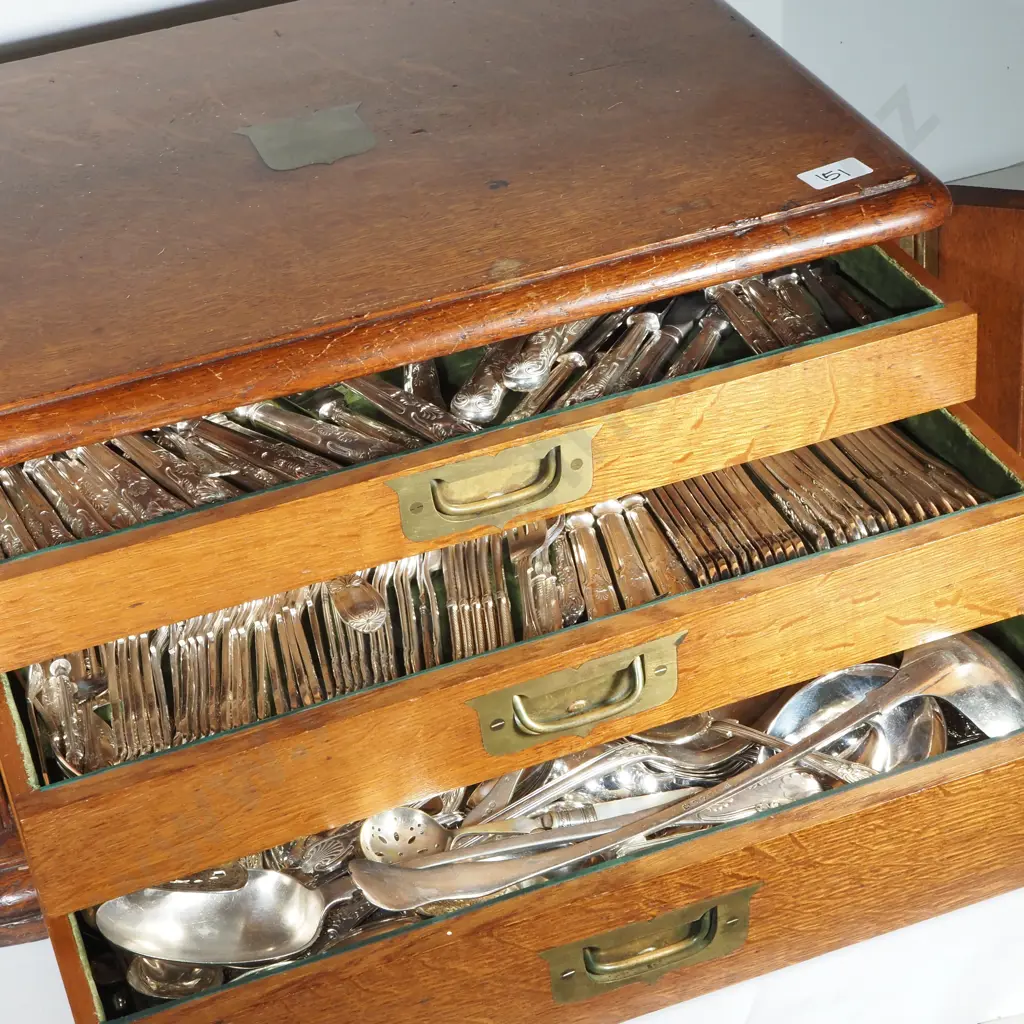 Impressive Antique Three Tier Oak Cutlery Box Full of Quality Kings Pattern Plate Cutlery Image 1++