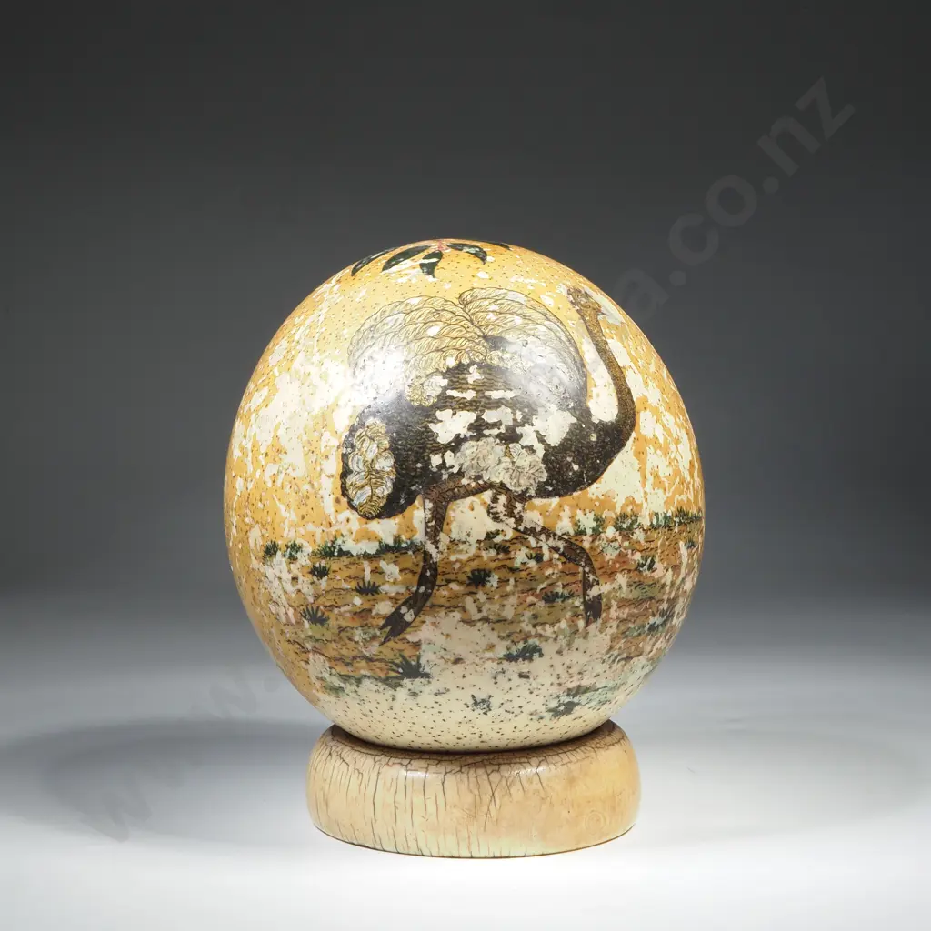 Antique Hand Painted Emu Egg on Crystalline Ivory Tusk Round Base Image 1++