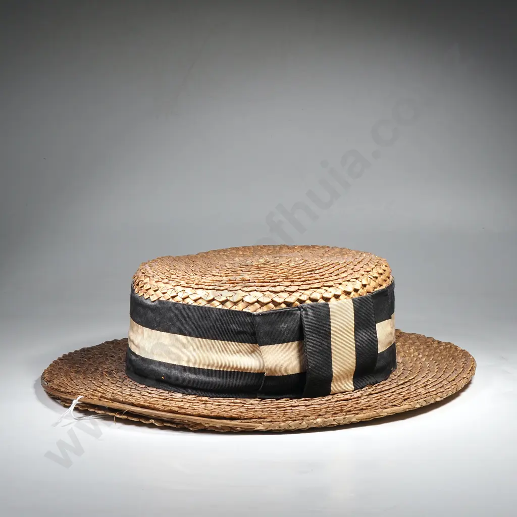 Vintage Woven Straw Christ College Boater Hat w Flat Crown & Flat Brim Retailed by Ballantyne & Co Image 1++