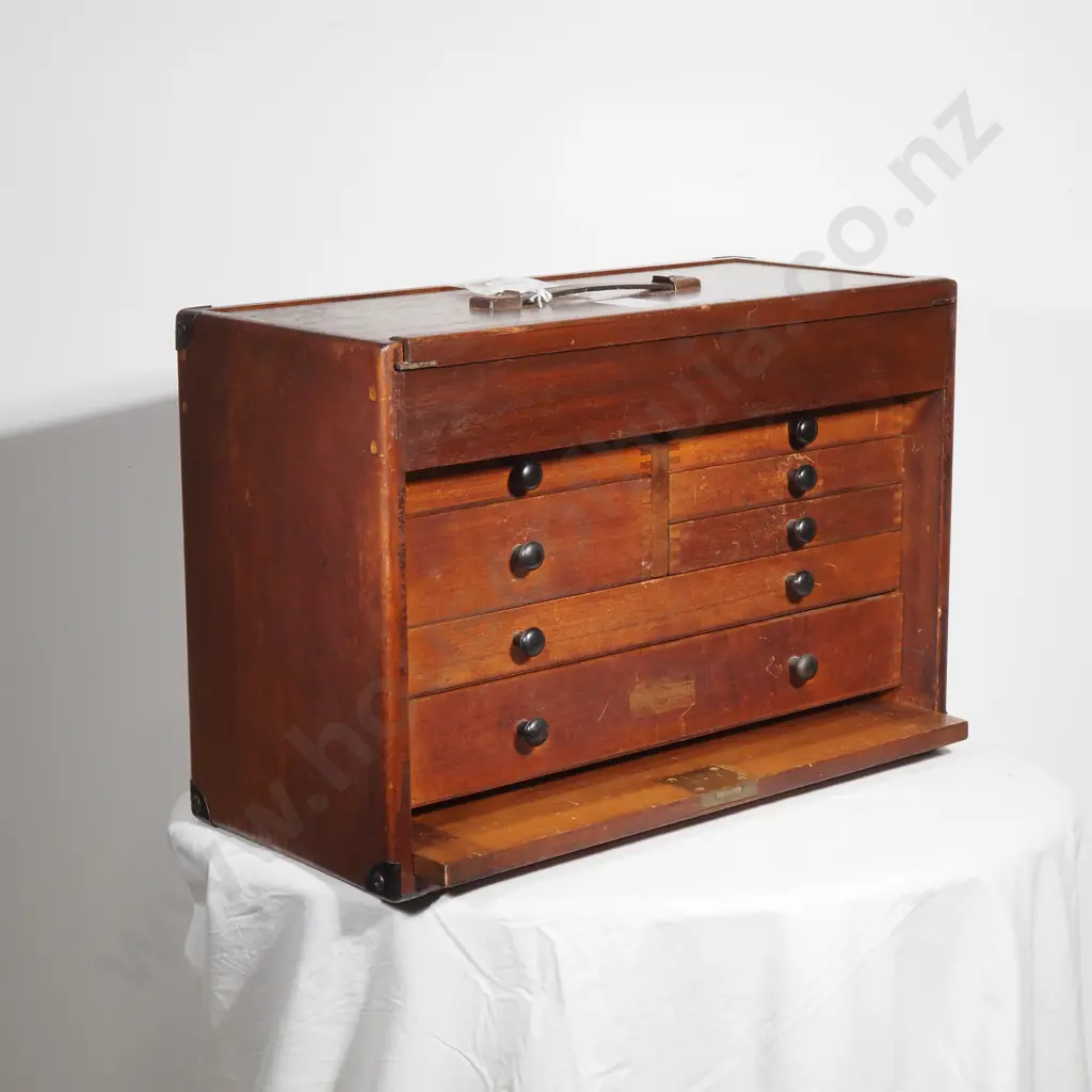Lockable Mahogany Tool Chest w Two Keys - Top Tray & Seven Felt Lined Drawers Image 1++