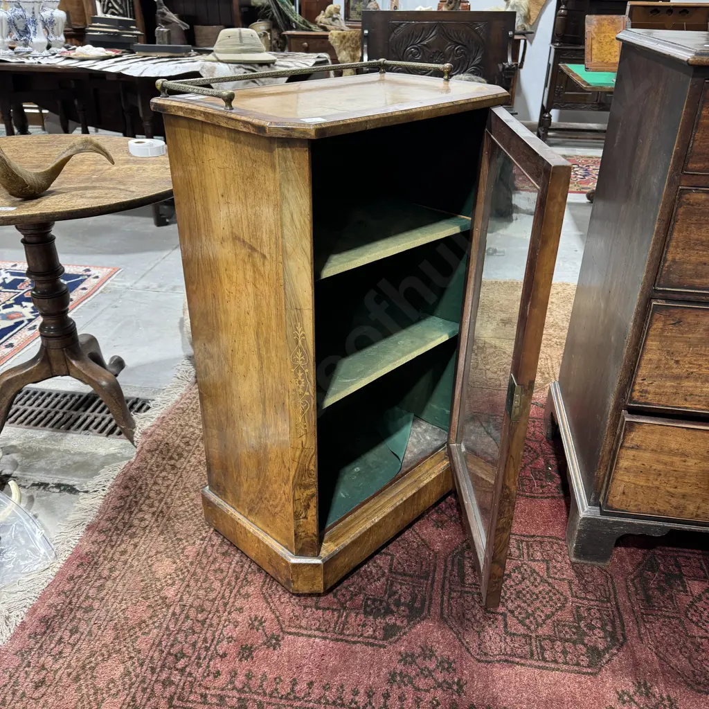 Victorian Inlaid  Walnut Music Cabinet w Single Glazed Door & Brass  Back Rail Image 1++