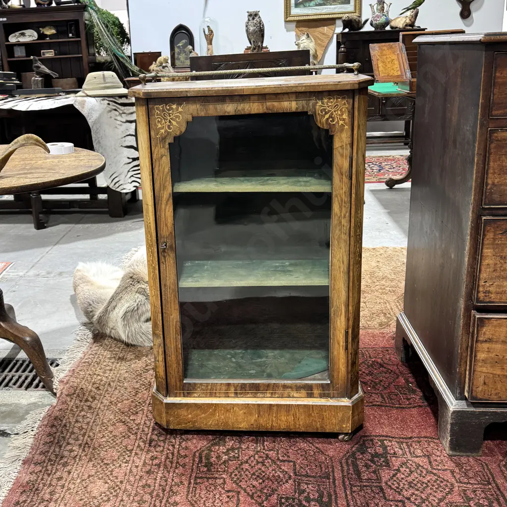Victorian Inlaid  Walnut Music Cabinet w Single Glazed Door & Brass  Back Rail Image 1++