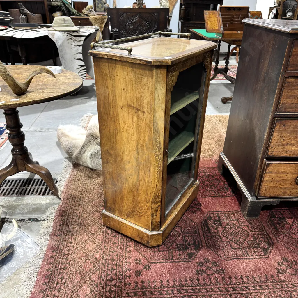 Victorian Inlaid  Walnut Music Cabinet w Single Glazed Door & Brass  Back Rail Image 1++