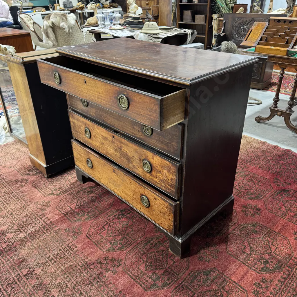 Antique Mahogany Chest of Four Long Drawers  w Circular Brass Drop Handles Image 1++