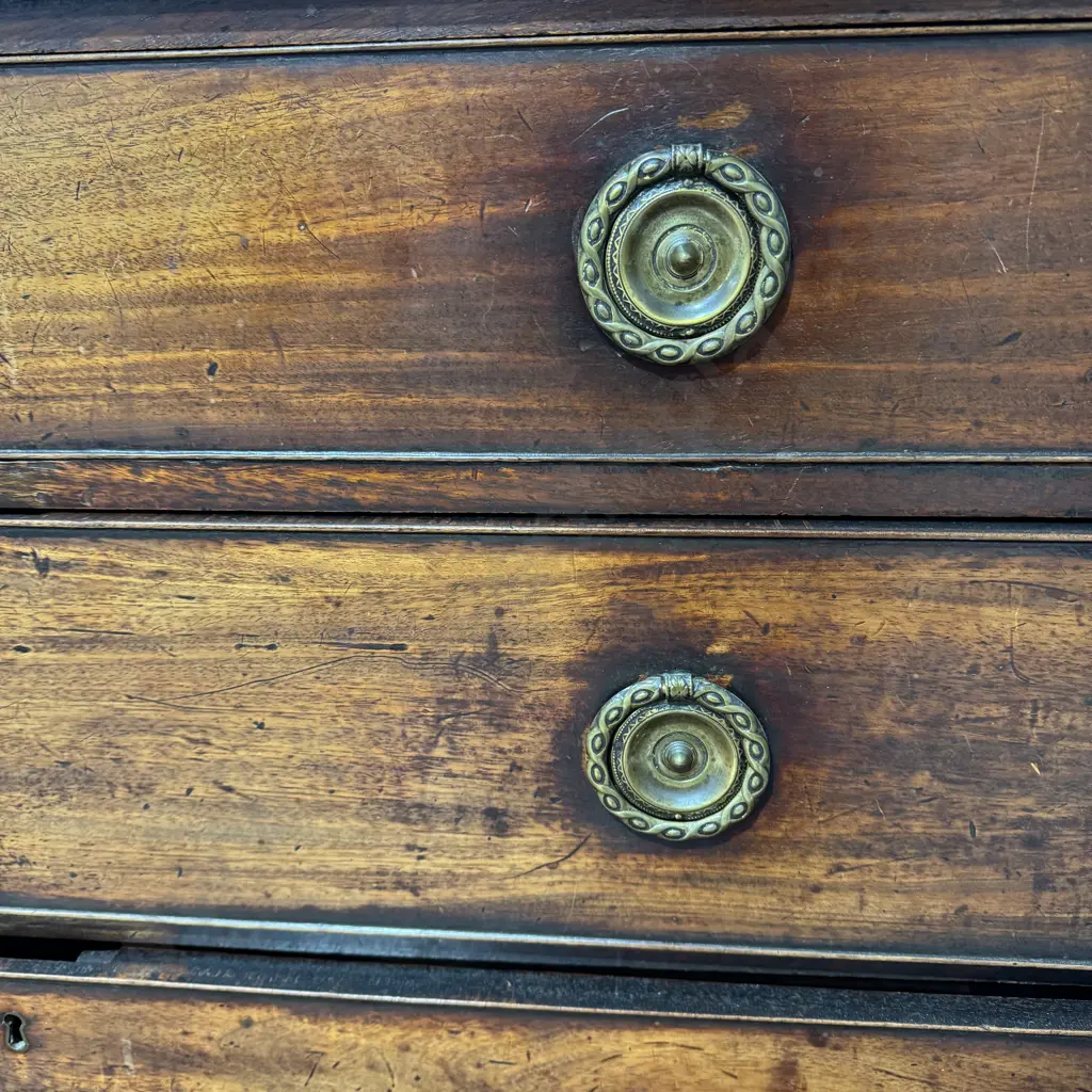 Antique Mahogany Chest of Four Long Drawers  w Circular Brass Drop Handles Image 1++