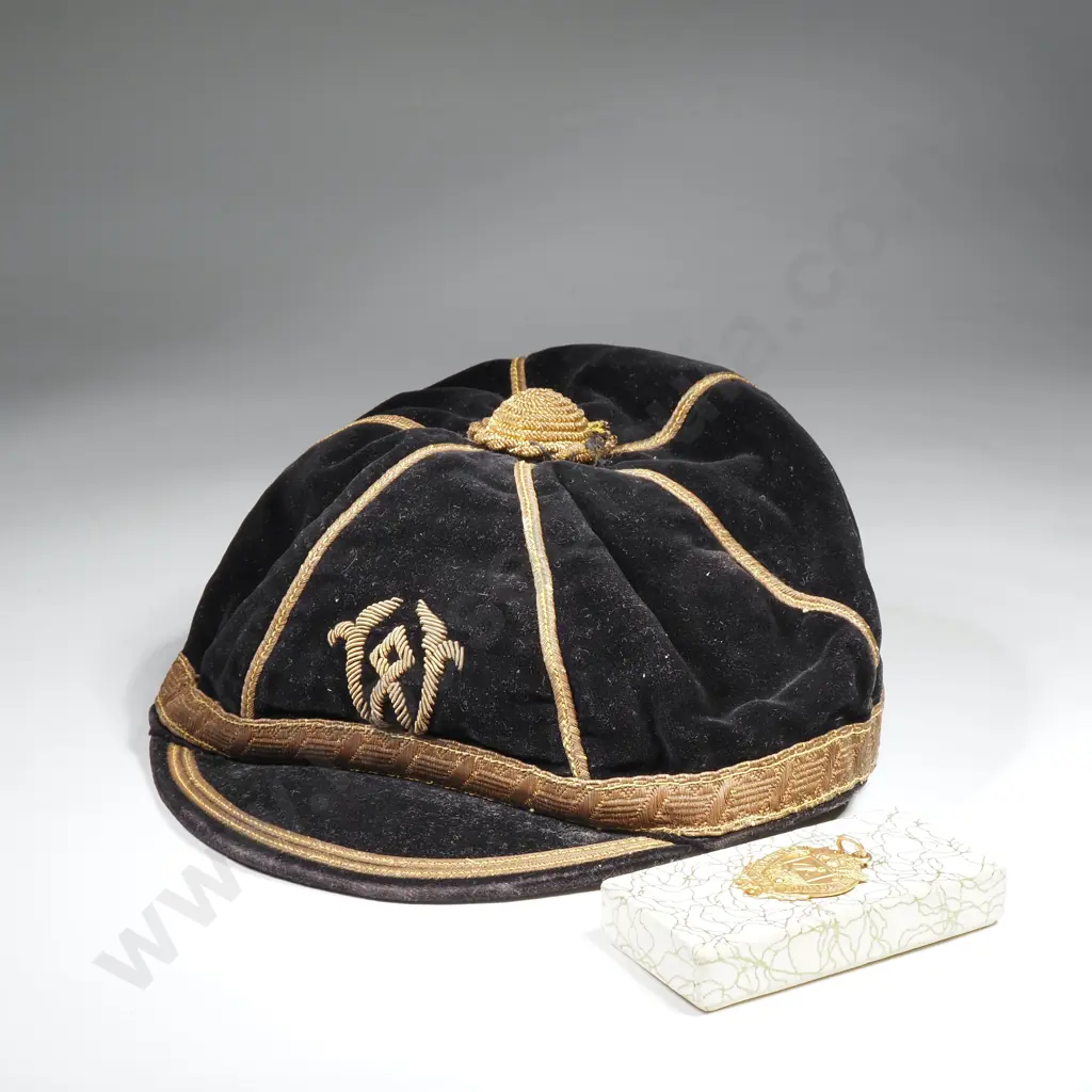 Antique Wellington Rugby Cap w Gold Bullion Braid & 9ct Gold Fob Medal for AULD Memorial 1935 Image 1++