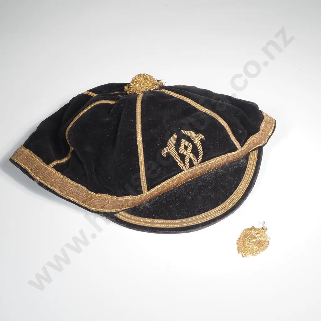Antique Wellington Rugby Cap w Gold Bullion Braid & 9ct Gold Fob Medal for AULD Memorial 1935 Image 1++