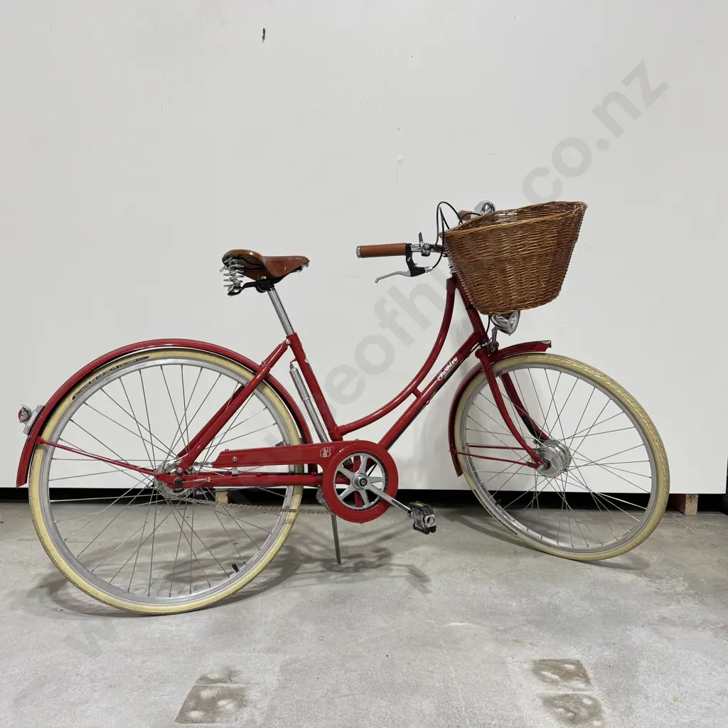 Pashley Brittania Ladies  Royal Red Five  Speed w Brooks Leather Saddle, Wicker Basket, Large Bell  & Leather Grips Image 1++