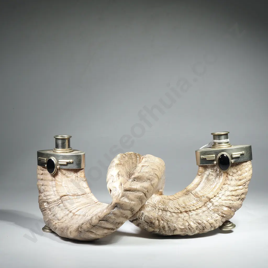 Pair of Ram's Horn Candlesticks w Metal Mounts Inset w Black Stone & Resting on Metal Legs Image 1++
