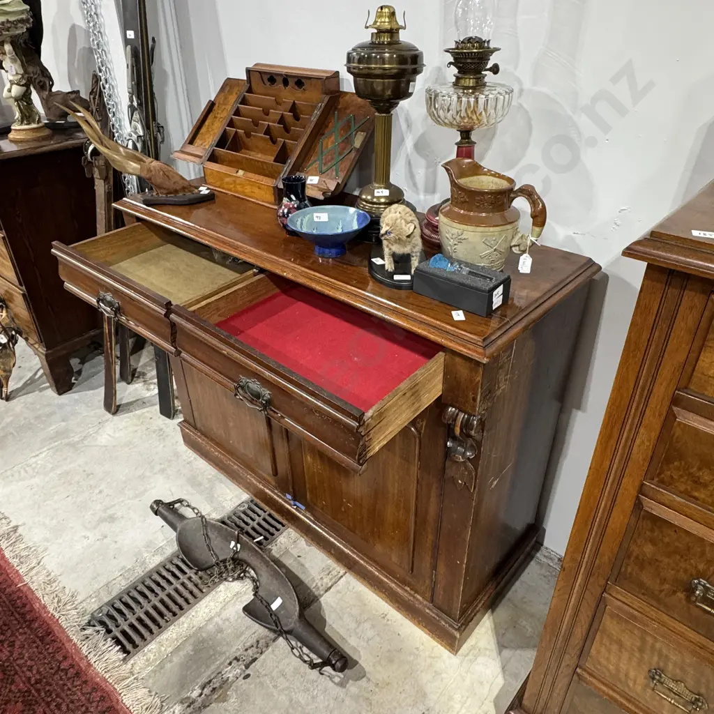 Antique Mahogany Chiffonier Base w Two Drawers w Metal Art Nouveau Style Metal Pulls Above Two Shield Shaped Panel Doors Image 1++
