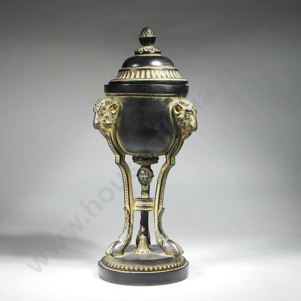 'Imperio' Manises Spanish Cassolette/ Lidded Urn in Spanish Empire Style w Ram's Head Masks & Tripod Base w Hoof Feet Image 1++