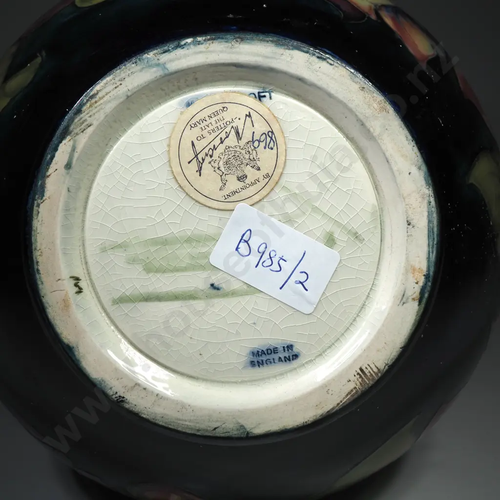 Vintage Bulbous Walter Moorcroft Clematis Vase on a Green Ground, Shape 869 Hand Inked on the Paper Label Image 1++