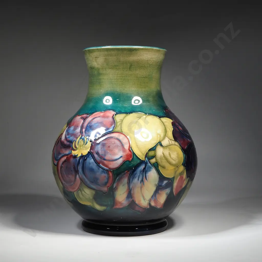 Vintage Bulbous Walter Moorcroft Clematis Vase on a Green Ground, Shape 869 Hand Inked on the Paper Label Image 1++