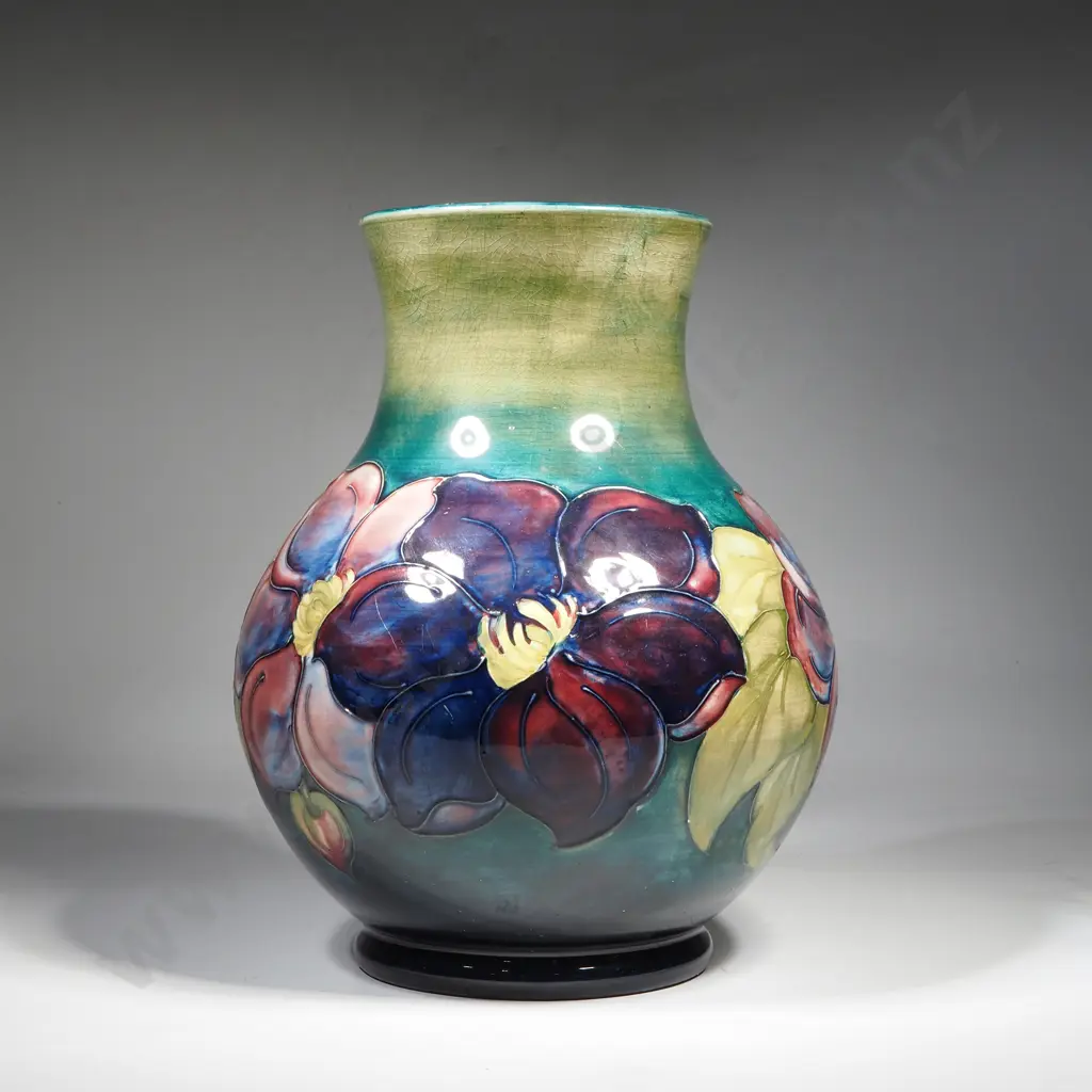 Vintage Bulbous Walter Moorcroft Clematis Vase on a Green Ground, Shape 869 Hand Inked on the Paper Label Image 1++