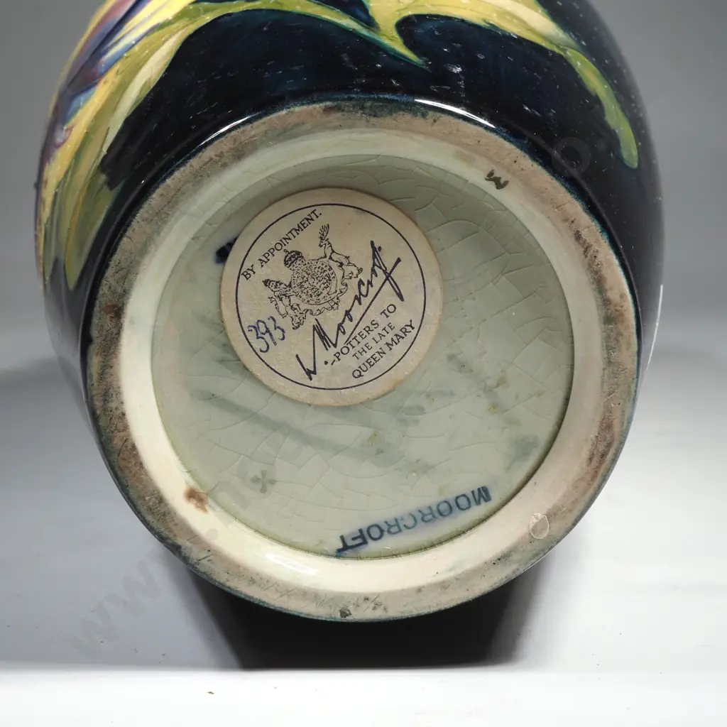 Moorcroft Pottery Ceramic Vase in the Hibiscus Pattern on a Green Ground Designed by Walter Moorcroft w Original Label Image 1++