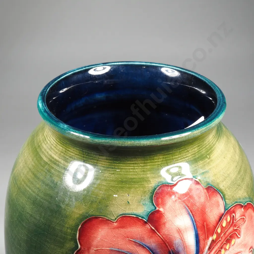 Moorcroft Pottery Ceramic Vase in the Hibiscus Pattern on a Green Ground Designed by Walter Moorcroft w Original Label Image 1++