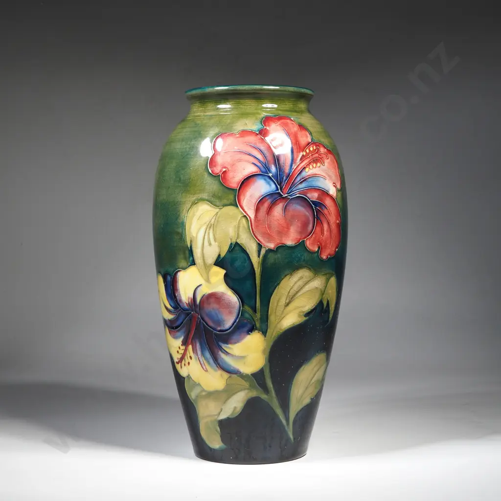 Moorcroft Pottery Ceramic Vase in the Hibiscus Pattern on a Green Ground Designed by Walter Moorcroft w Original Label Image 1++