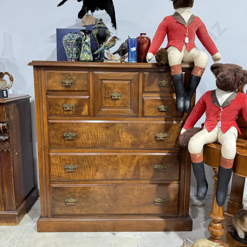 Antique Burr Timber Scotch Chest w Row of Small Top Drawers Flanking a Central Hat Box above Three  Long Drawers Image 1++