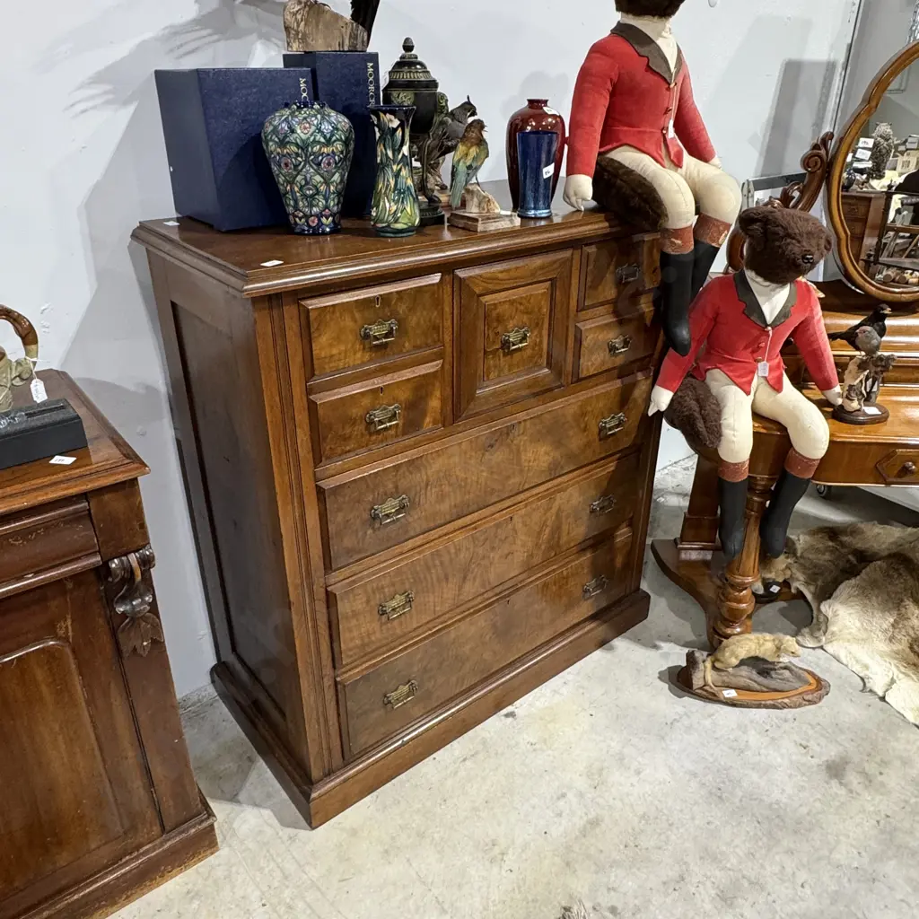 Antique Burr Timber Scotch Chest w Row of Small Top Drawers Flanking a Central Hat Box above Three  Long Drawers Image 1++