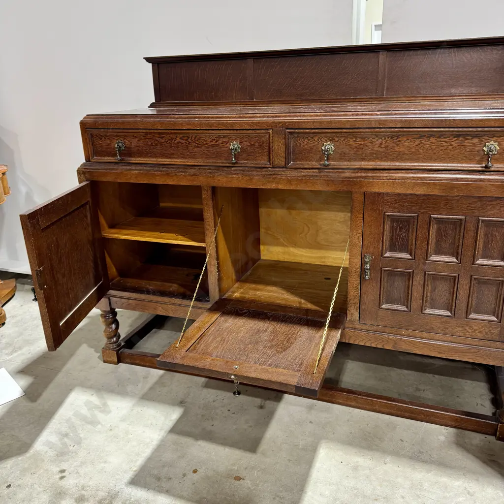 Arts & Craft Style  Oak Sideboard w Two Drawers Over Three Cupboards w Oak Raised Moulded Panels on Barley Twist Legs Image 1++