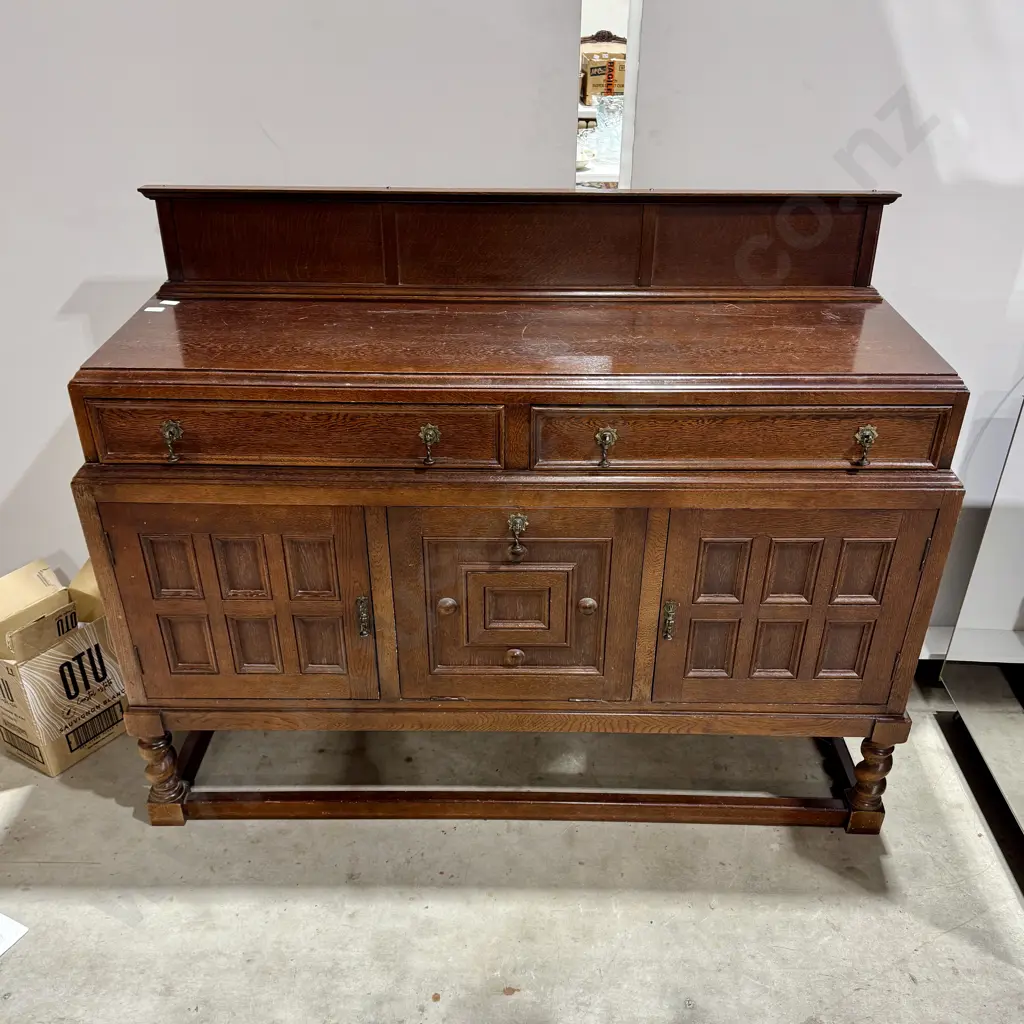 Arts & Craft Style  Oak Sideboard w Two Drawers Over Three Cupboards w Oak Raised Moulded Panels on Barley Twist Legs Image 1++