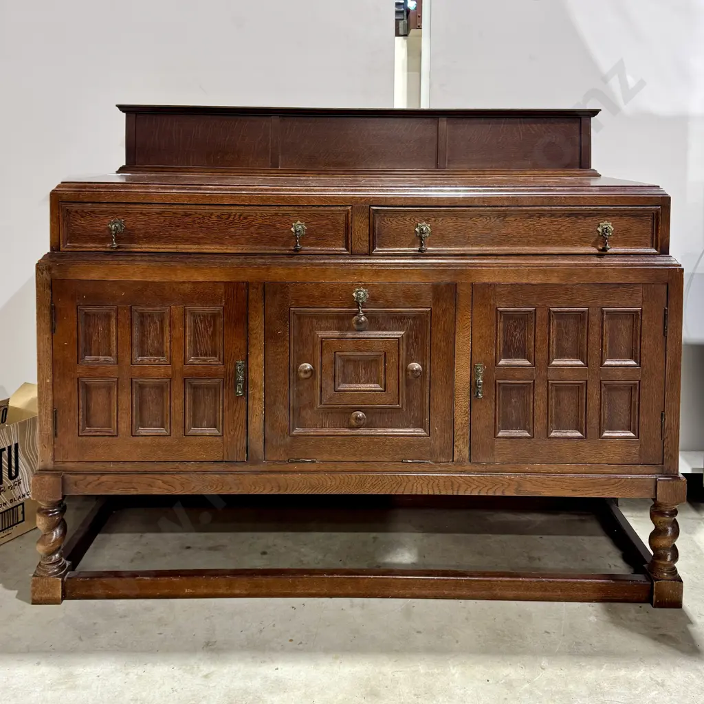 Arts & Craft Style  Oak Sideboard w Two Drawers Over Three Cupboards w Oak Raised Moulded Panels on Barley Twist Legs Image 1++