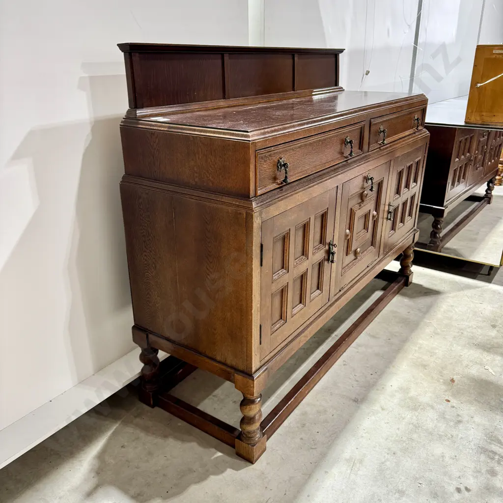 Arts & Craft Style  Oak Sideboard w Two Drawers Over Three Cupboards w Oak Raised Moulded Panels on Barley Twist Legs Image 1++