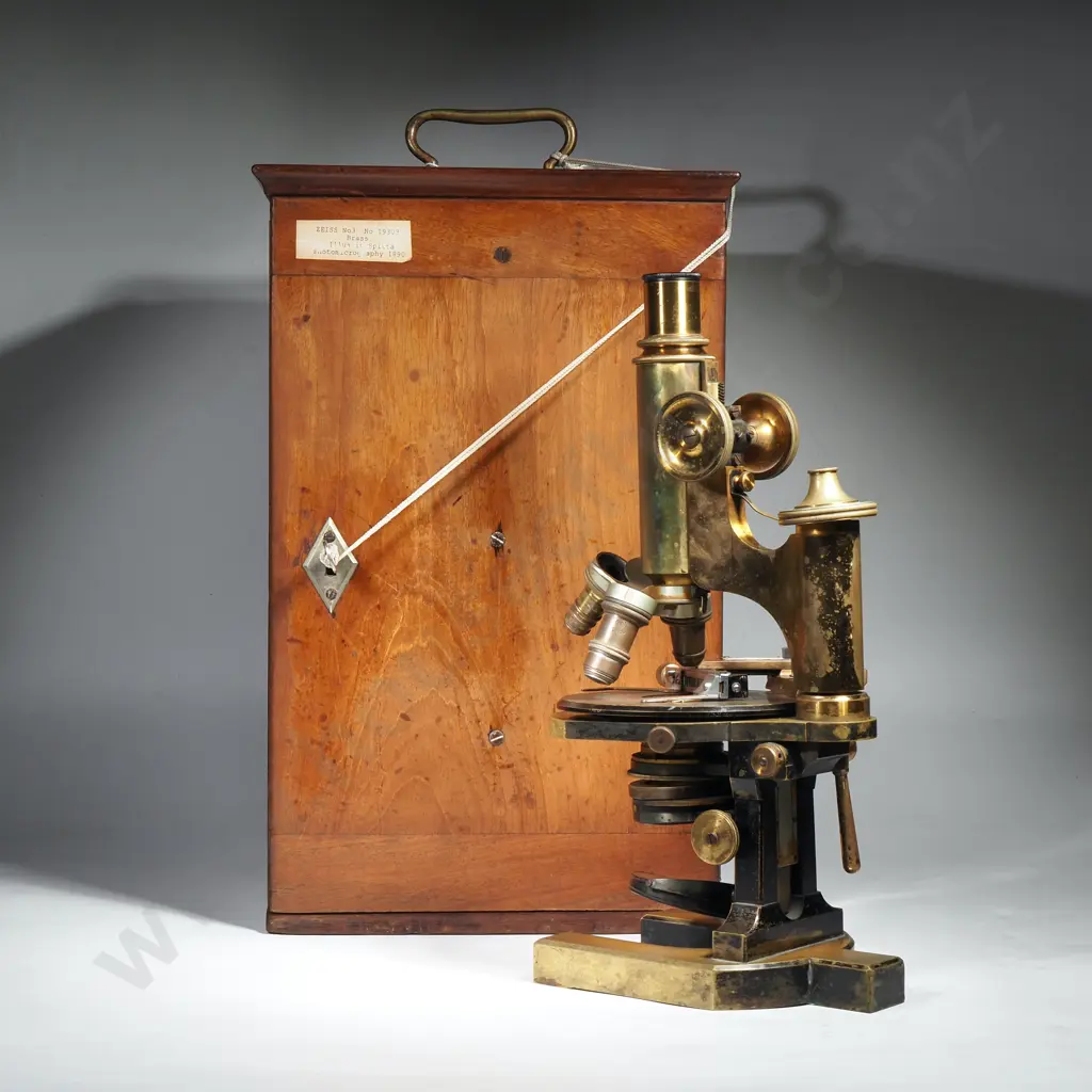 Antique Brass Carl Zeiss No 3 Monocular Microscope (Serial No. 19303) Housed in a Fitted Wooden Carrying Case Approx1892 Image 1++