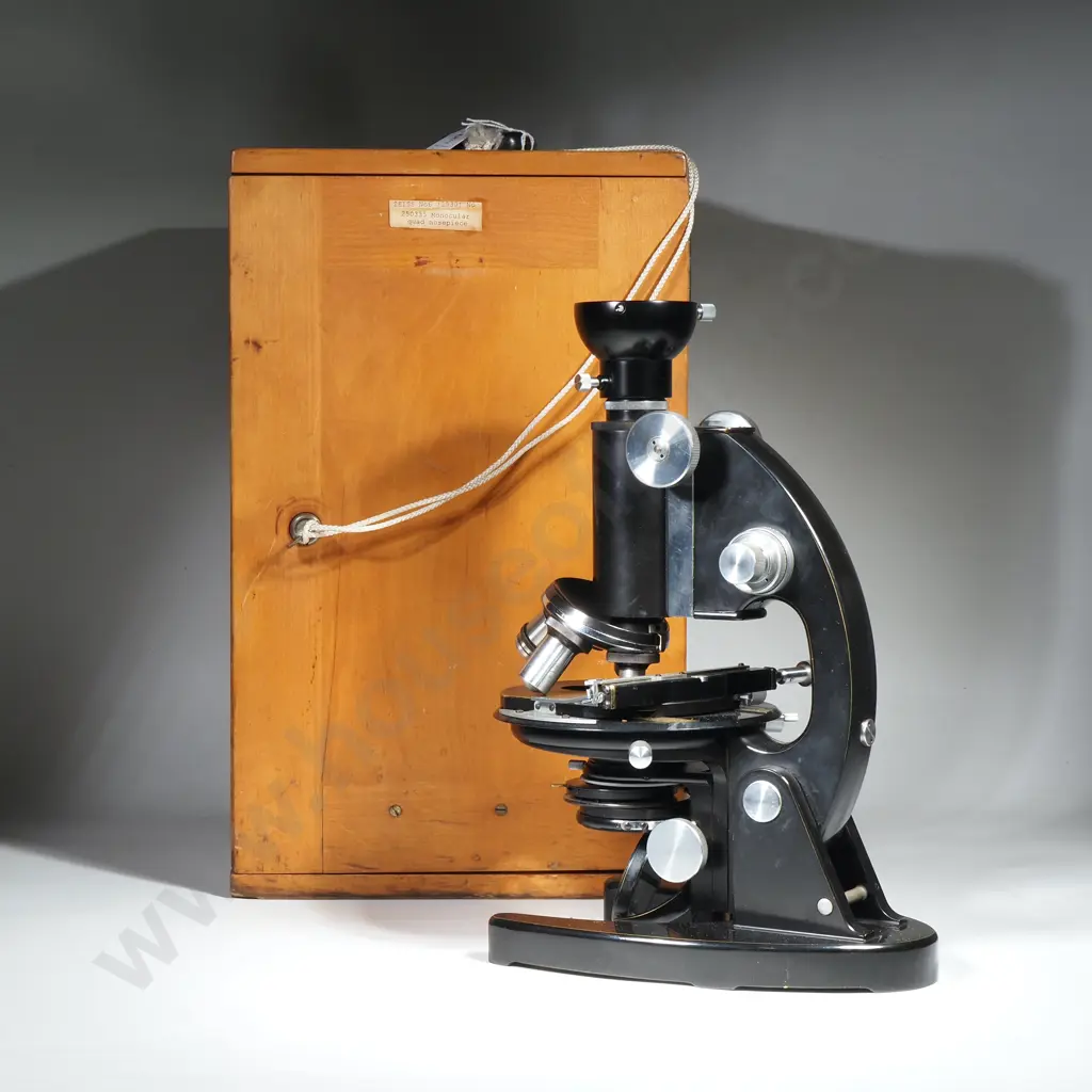 Vintage Carl Zeiss Black Compound Monocular/Binocular Laboratory Microscope in a Fitted Wooden Case w Accompanying Guide Image 1++