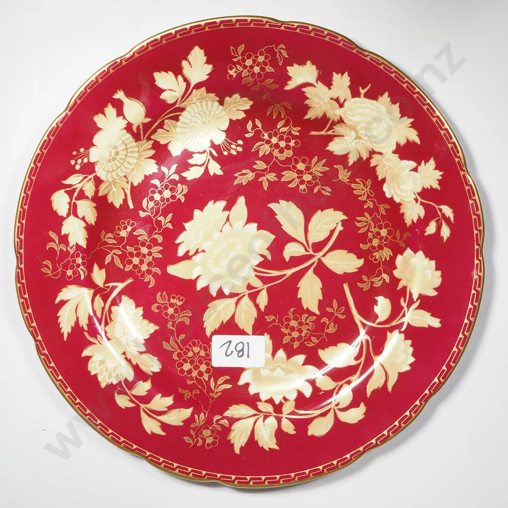 Wedgwood Ruby Tonquin Bone China Plate w Ruby Ground & Gold Floral Decoration & Key Fret Border Image 1++