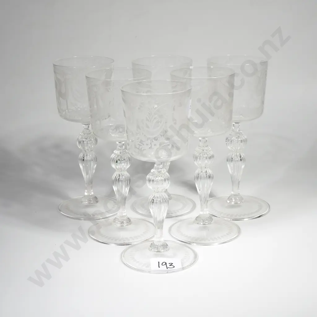 Set of Six Engraved Façon de Venise Style Wine Goblets w Etched Bowl Depicting Griffins &  Knopped Stem Image 1++