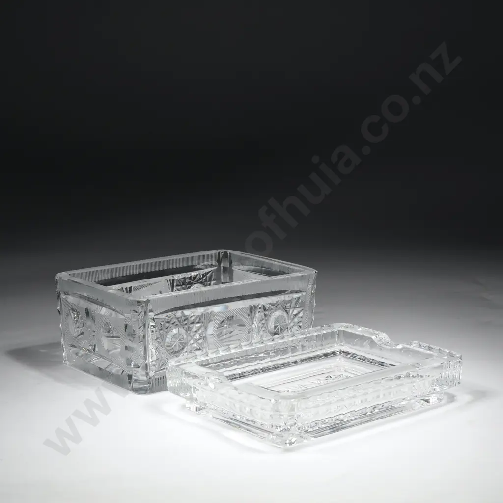 Vintage Cut Crystal Cigarette Box w Lid that can Double as an Ashtray, Decorated w  Geometric & Star Cut Motifs Image 1++
