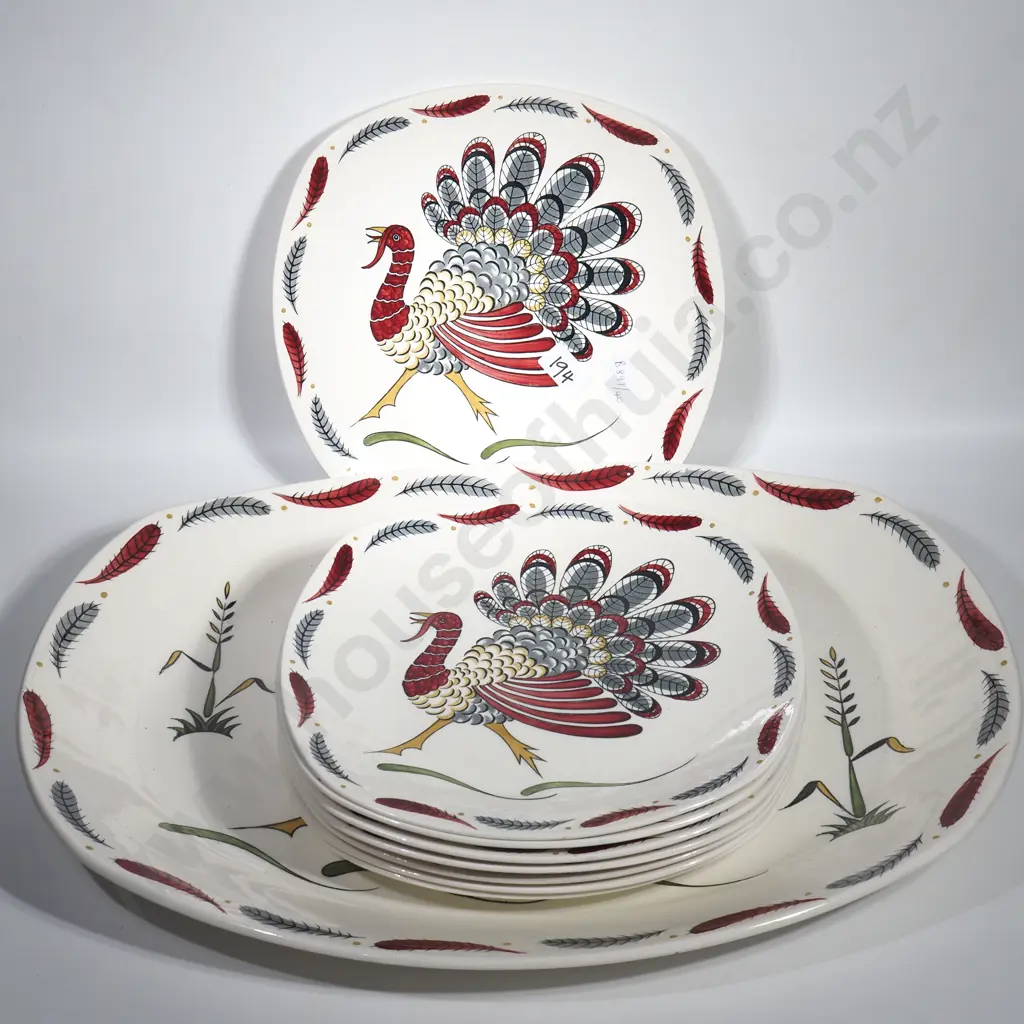 Mid Century  Midwinter Stylecraft 'Gay Gobbler' Set comprising Very Large Ashet & Eight Dinner Plates Image 1++