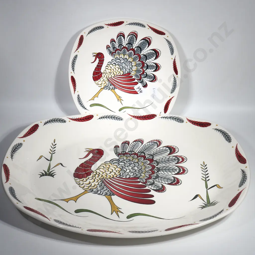 Mid Century  Midwinter Stylecraft 'Gay Gobbler' Set comprising Very Large Ashet & Eight Dinner Plates Image 1++
