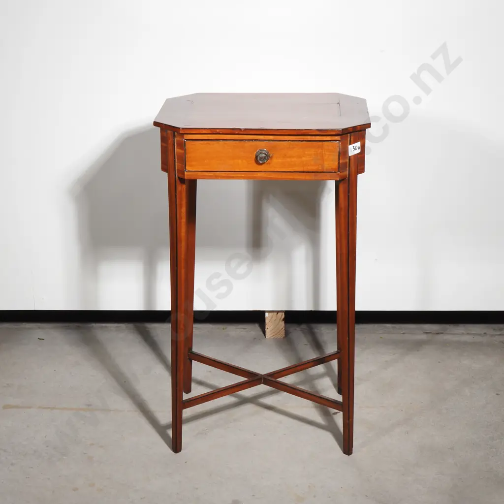 Georgian  Satinwood Tea Table w Ebony Stringing on Four Tapered Legs & Cross Stretcher Base Image 1++