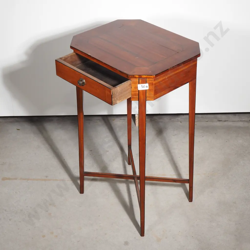 Georgian  Satinwood Tea Table w Ebony Stringing on Four Tapered Legs & Cross Stretcher Base Image 1++