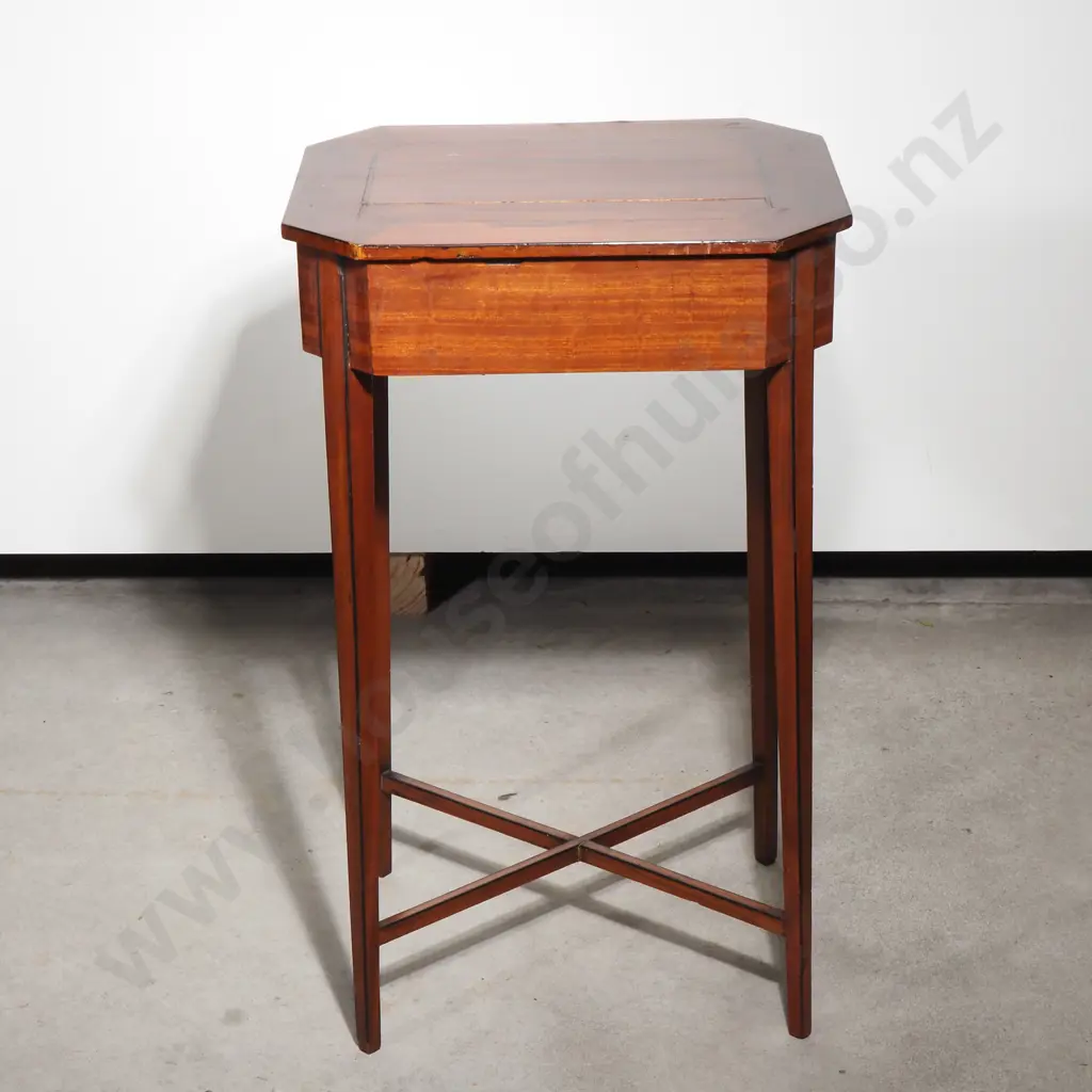 Georgian  Satinwood Tea Table w Ebony Stringing on Four Tapered Legs & Cross Stretcher Base Image 1++