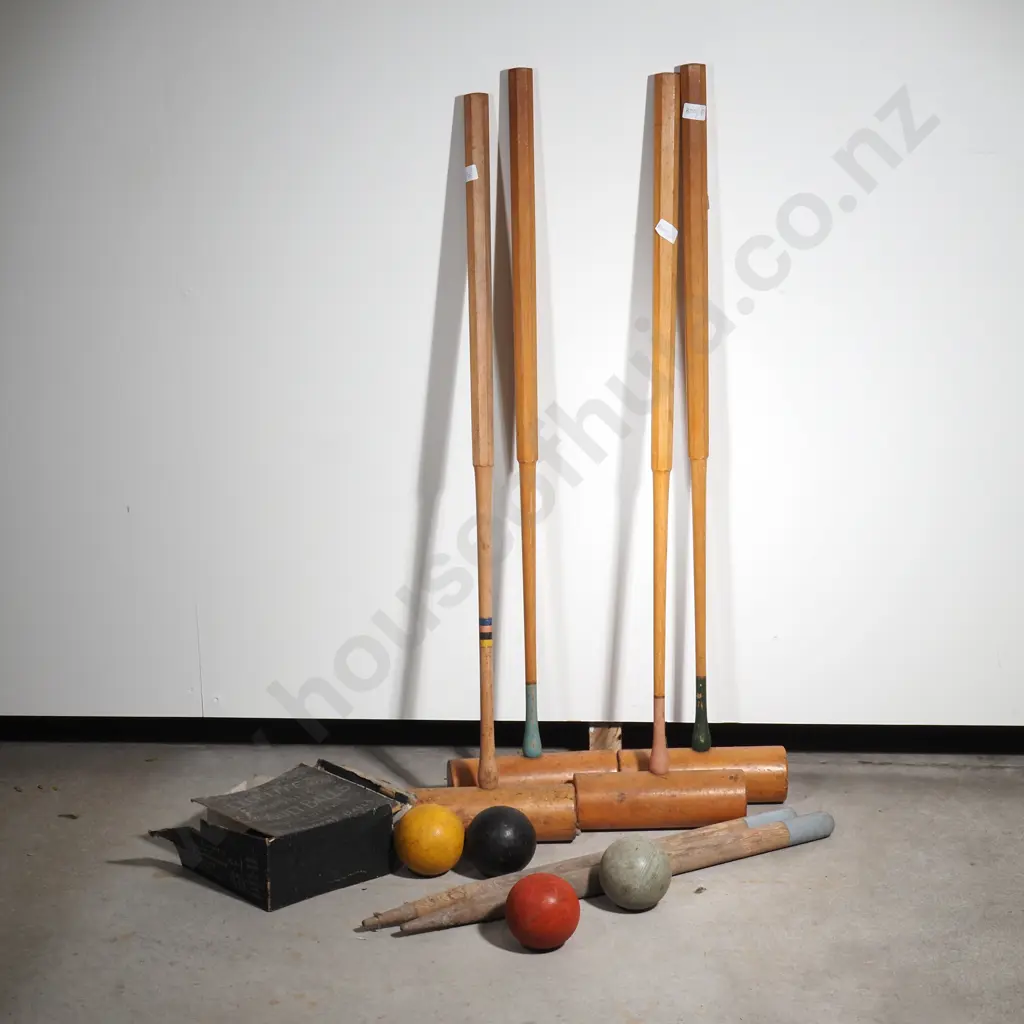 Four Vintage Croquet Mallets & Four Excelite Balls (by JE Austin) - One RH Ayres & the other Three Slazenger Image 1++