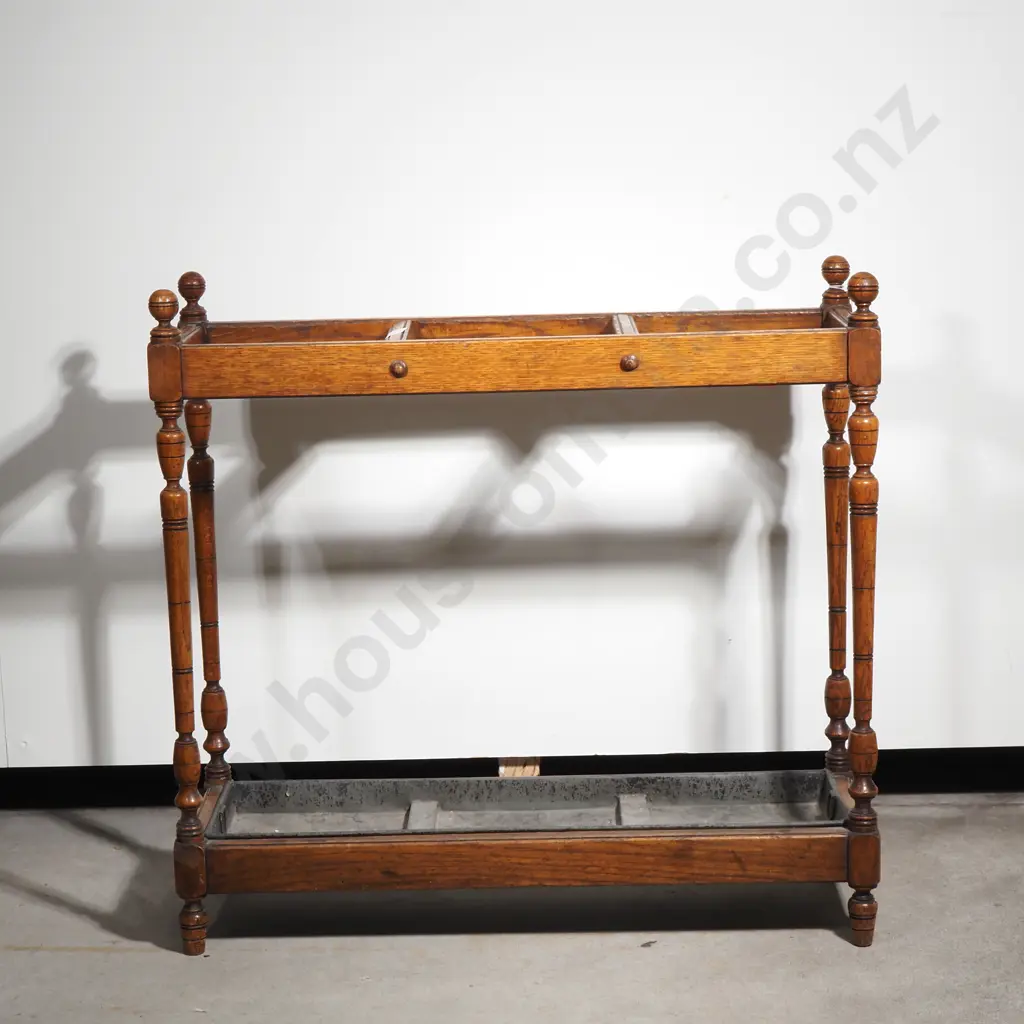 An Edwardian Oak Umbrella/Walking Stick Stand, Rectangular with Three Divisions Supported by Reeded and Baluster Columns Image 1++
