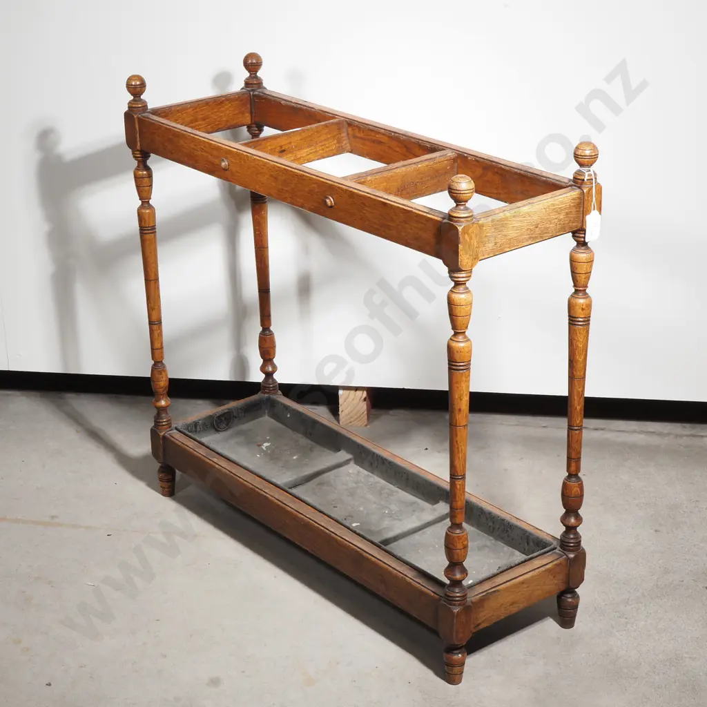 An Edwardian Oak Umbrella/Walking Stick Stand, Rectangular with Three Divisions Supported by Reeded and Baluster Columns Image 1++