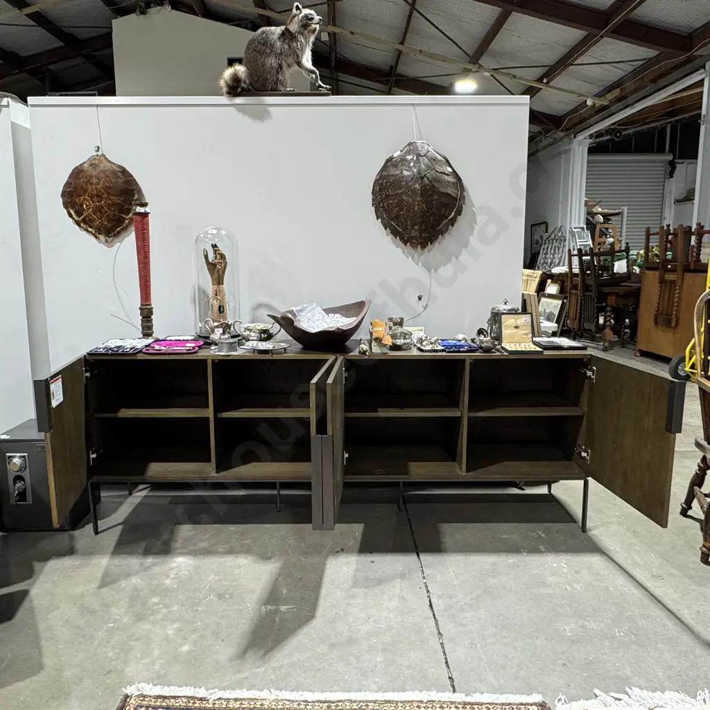 Contemporary Four Door Sideboard w a Natural Grain Finish, Hidden Top Handles & Powder Coat Slim Metal Feet Image 1++