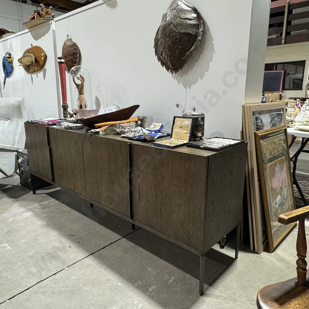 Contemporary Four Door Sideboard w a Natural Grain Finish, Hidden Top Handles & Powder Coat Slim Metal Feet Image 1++