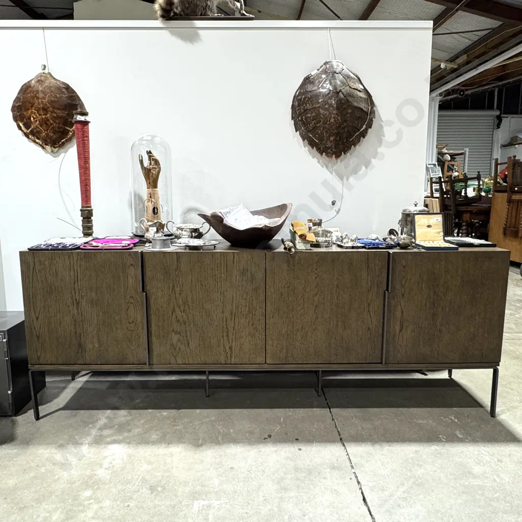 Contemporary Four Door Sideboard w a Natural Grain Finish, Hidden Top Handles & Powder Coat Slim Metal Feet Image 1++