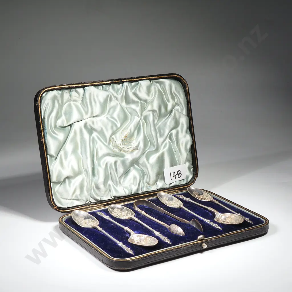 Box Set of Six  Sterling Silver Apostle Spoons & Tongs w Ornate Bowls Image 1++