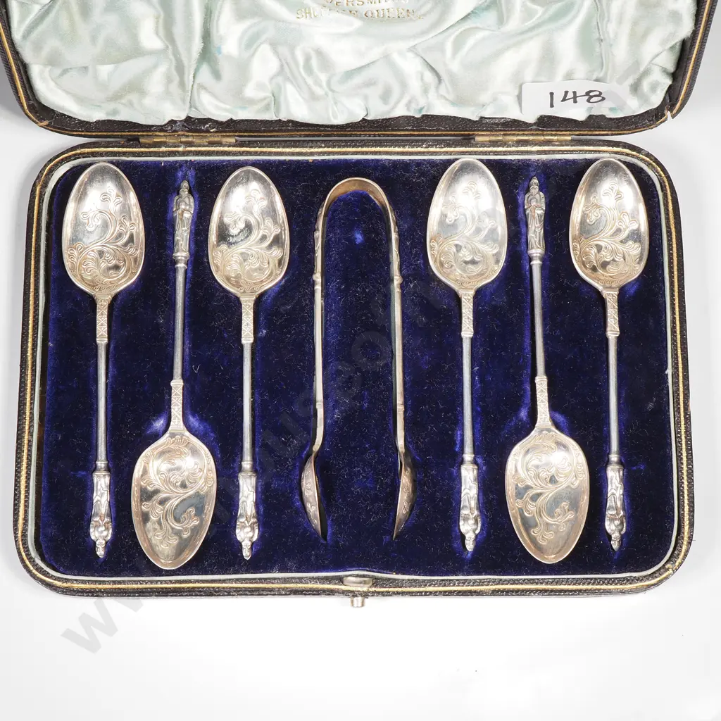 Box Set of Six  Sterling Silver Apostle Spoons & Tongs w Ornate Bowls Image 1++